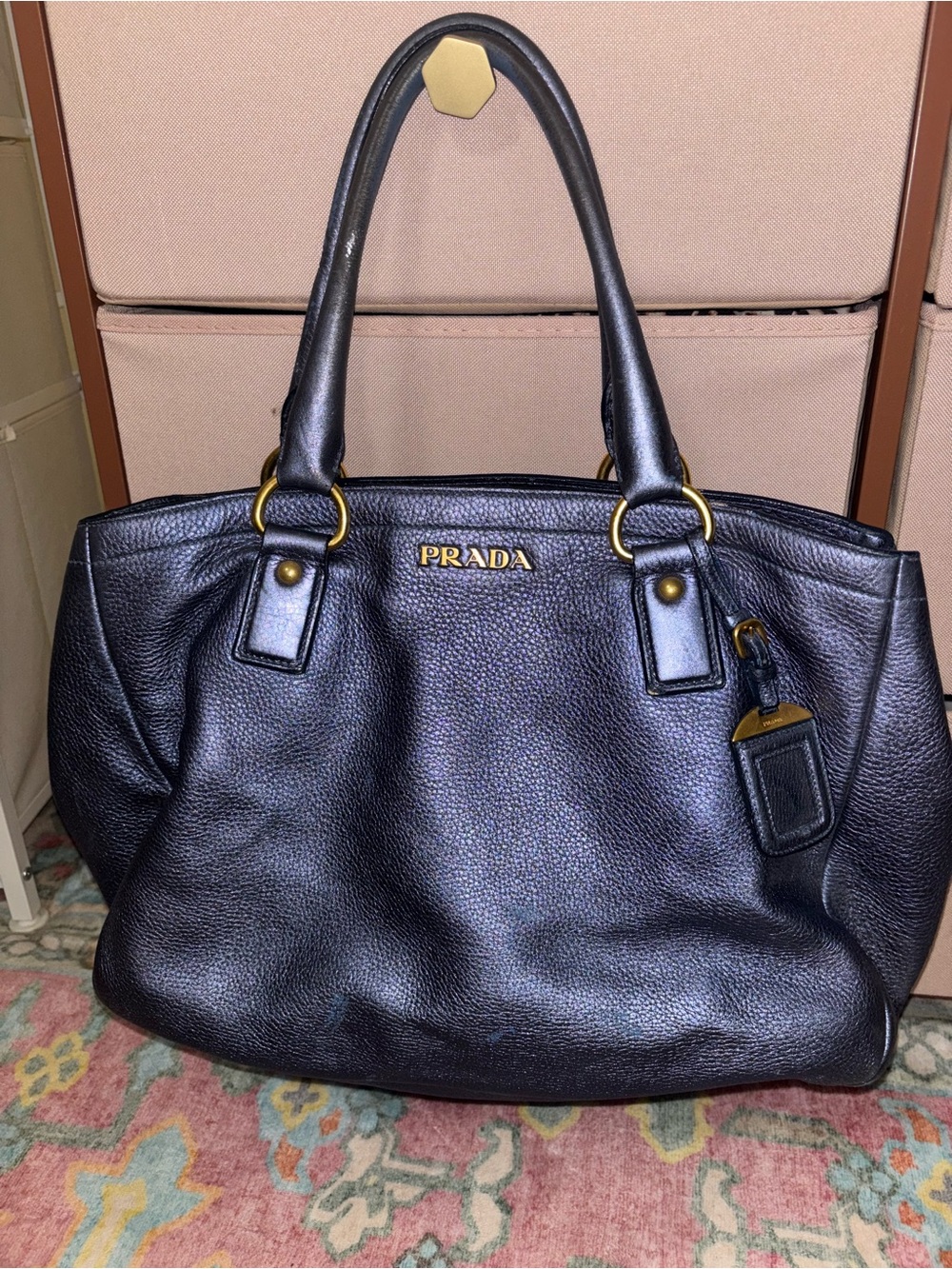 Prada Black Pebbled Leather Shoulder Tote with Gold Hardware
